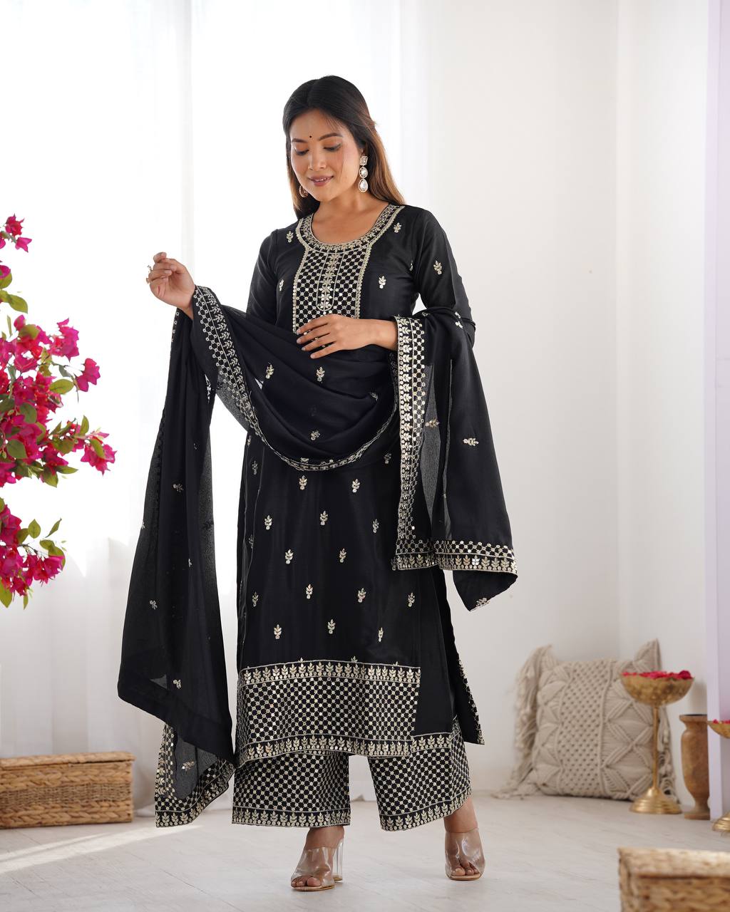 Black Color Embroidery With Sequins Work Salwar Suit