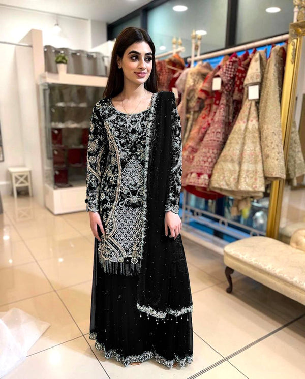 Black Color Embroidery With Stone Hand Work Sharara  Suit