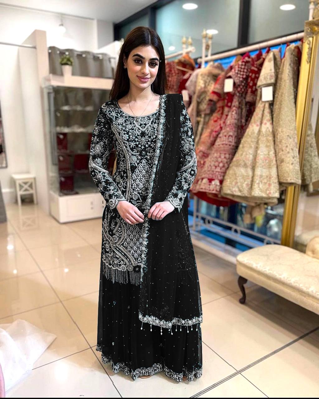 Black Color Embroidery With Stone Hand Work Sharara  Suit