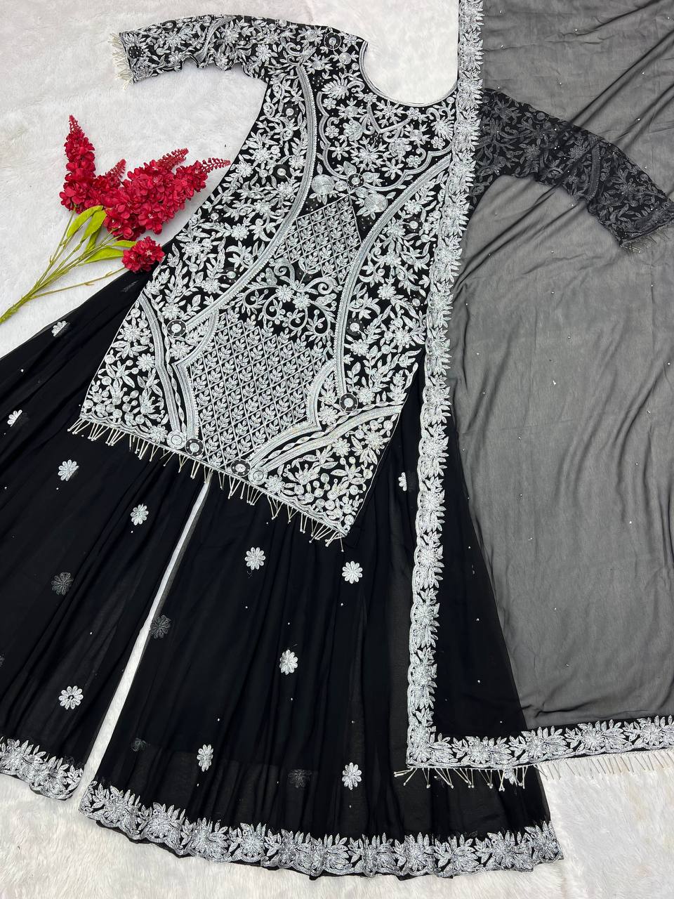 Black Color Embroidery With Stone Hand Work Sharara  Suit