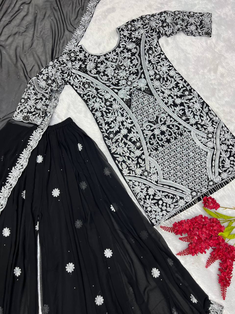 Black Color Embroidery With Stone Hand Work Sharara  Suit