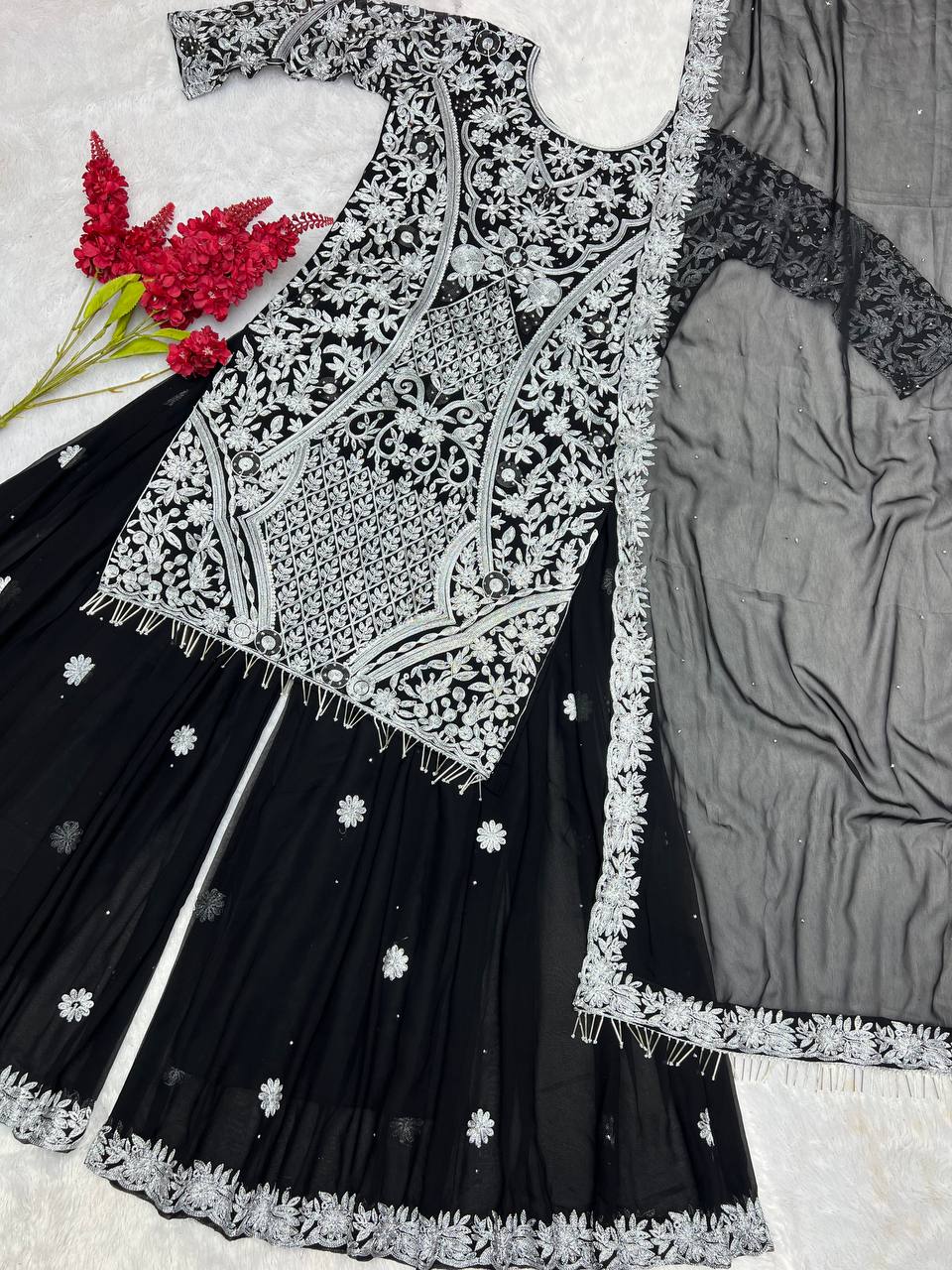 Black Color Embroidery With Stone Hand Work Sharara  Suit