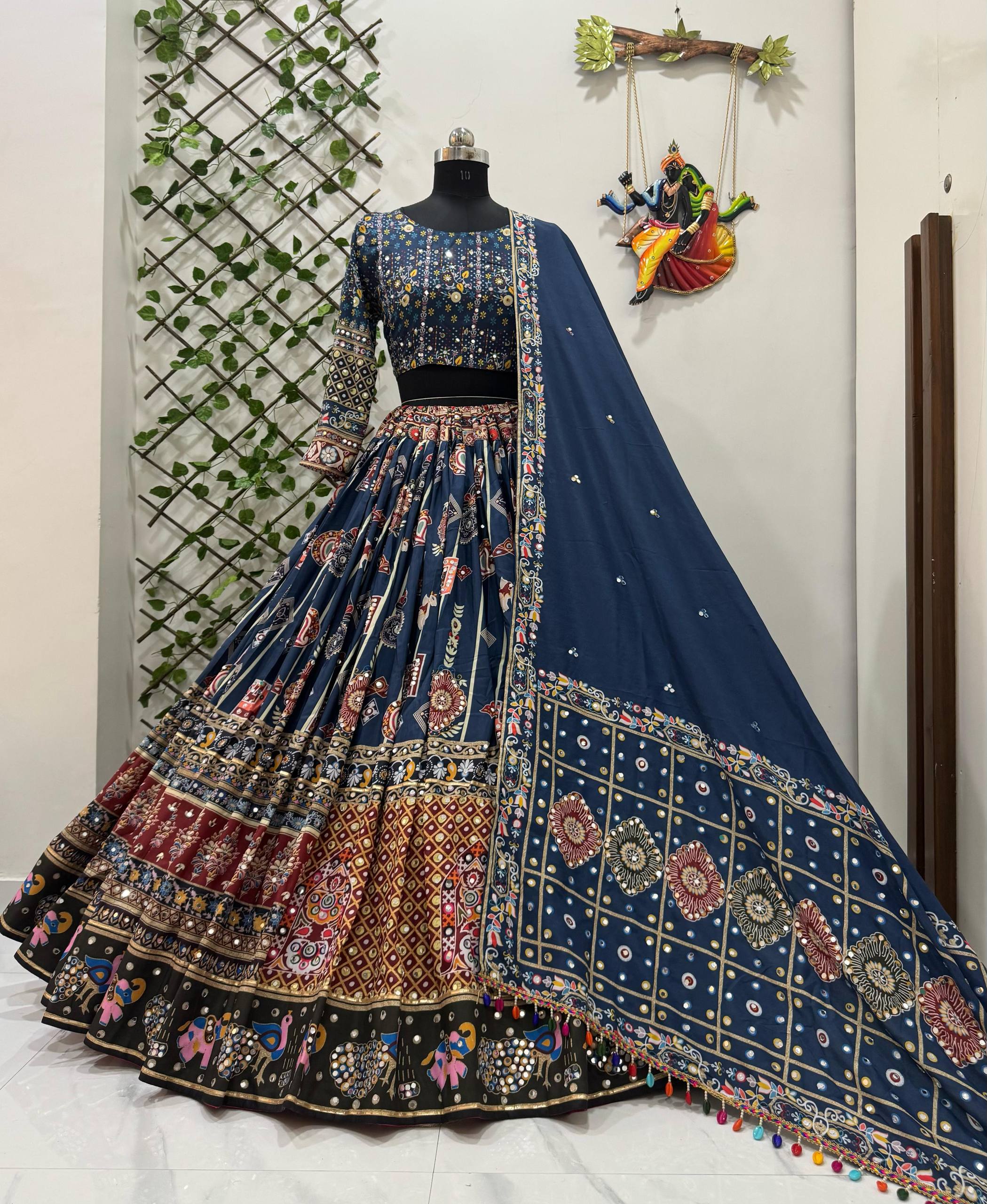 Blue Color Digital Printed Mirror Work Navratri Lehenga Choli