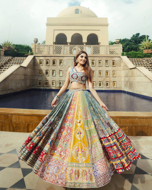 Gray Color Digital Printed Navratri Mirror Work Lehenga Choli
