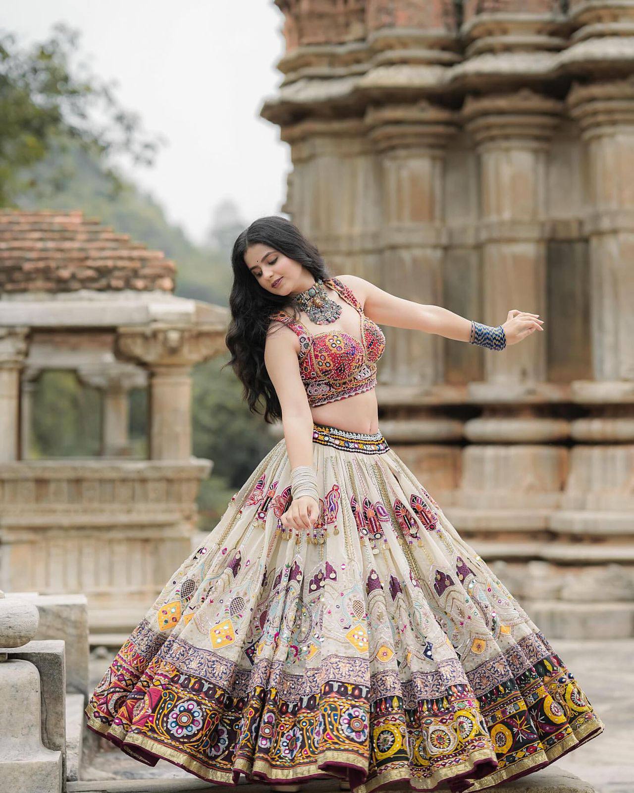 Off-White Color Digital Printed Mirror Work Navratri Lehenga Choli