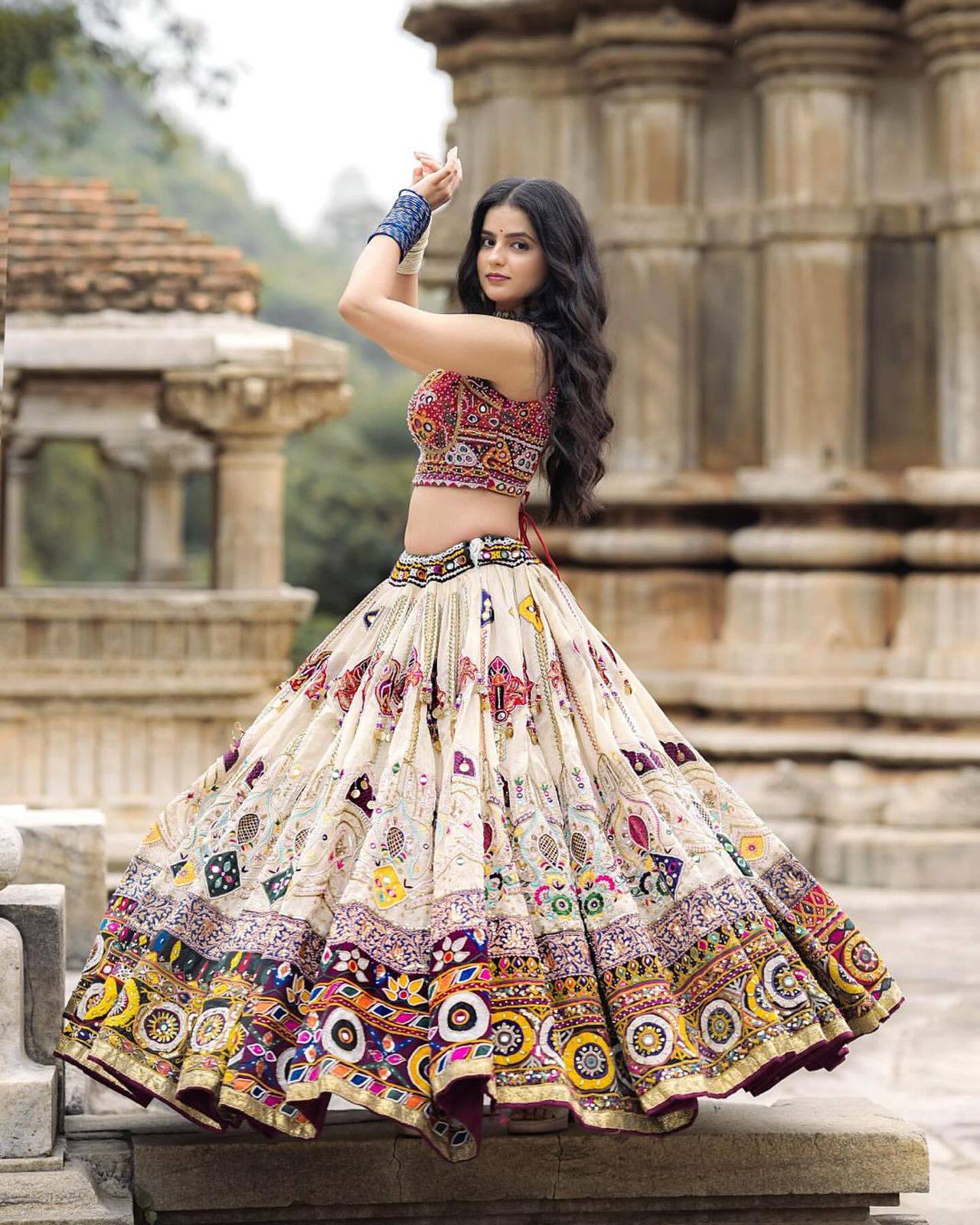 Off-White Color Digital Printed Mirror Work Navratri Lehenga Choli