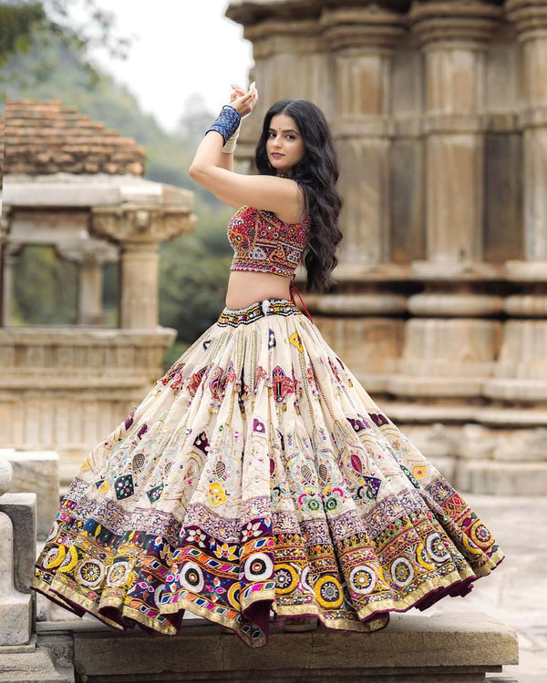 Off-White Color Digital Printed Mirror Work Navratri Lehenga Choli