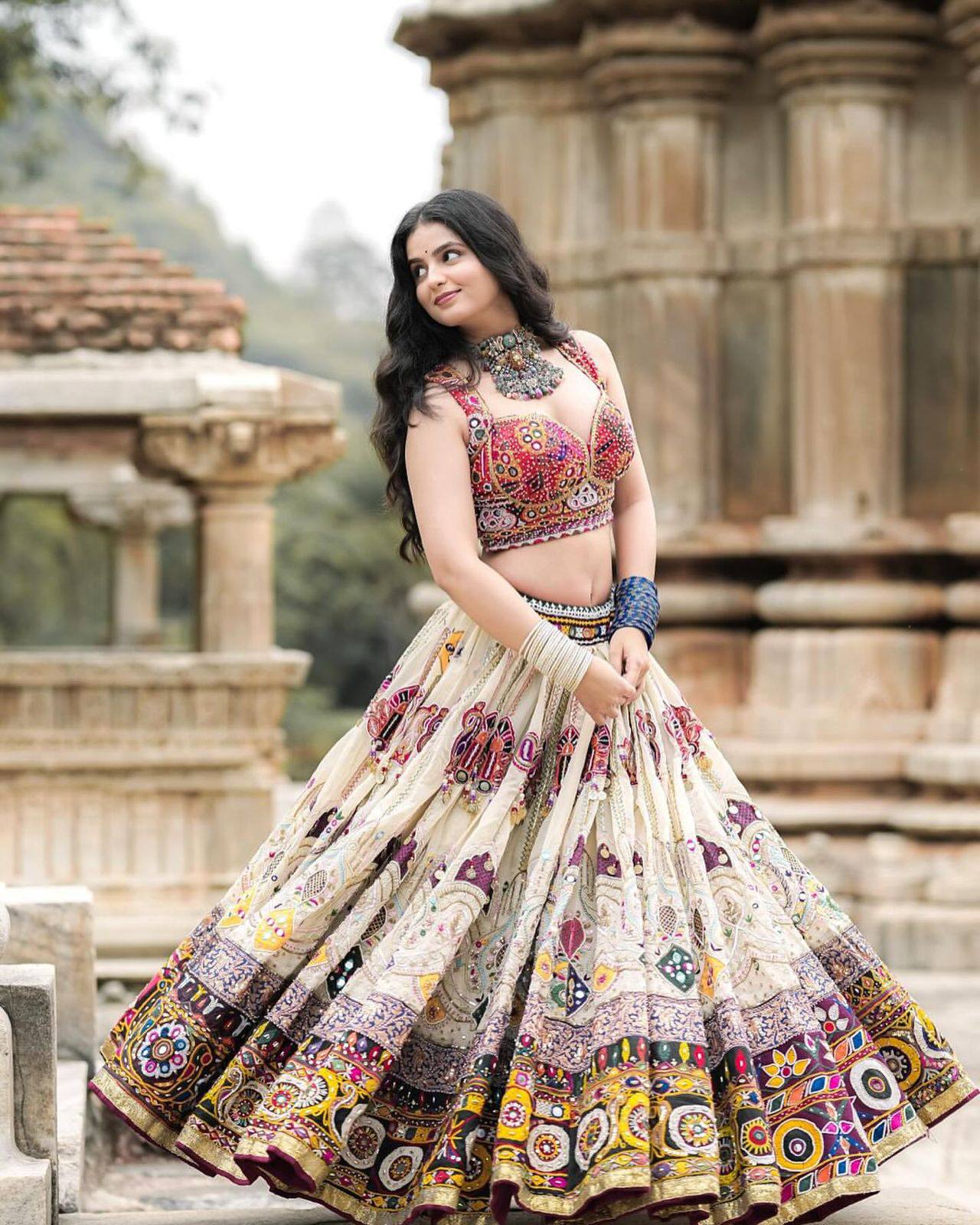 Off-White Color Digital Printed Mirror Work Navratri Lehenga Choli