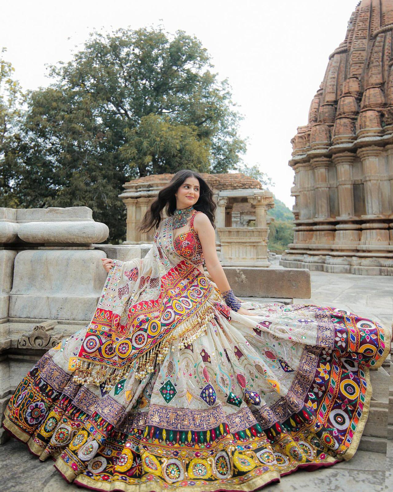 Off-White Color Digital Printed Mirror Work Navratri Lehenga Choli