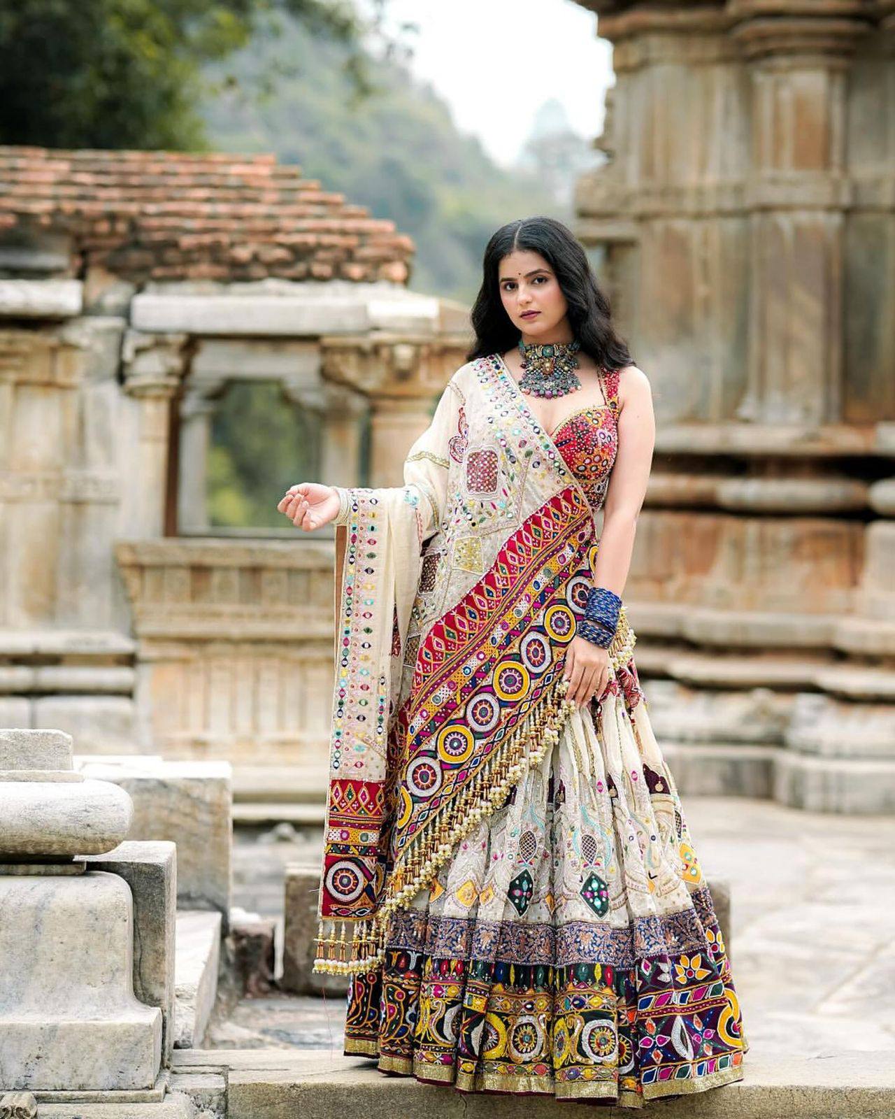 Off-White Color Digital Printed Mirror Work Navratri Lehenga Choli