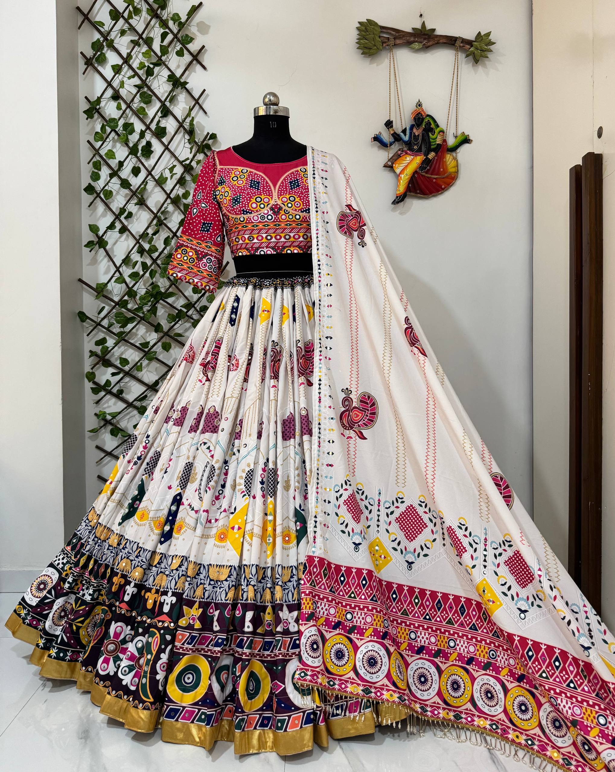 Off-White Color Digital Printed Mirror Work Navratri Lehenga Choli