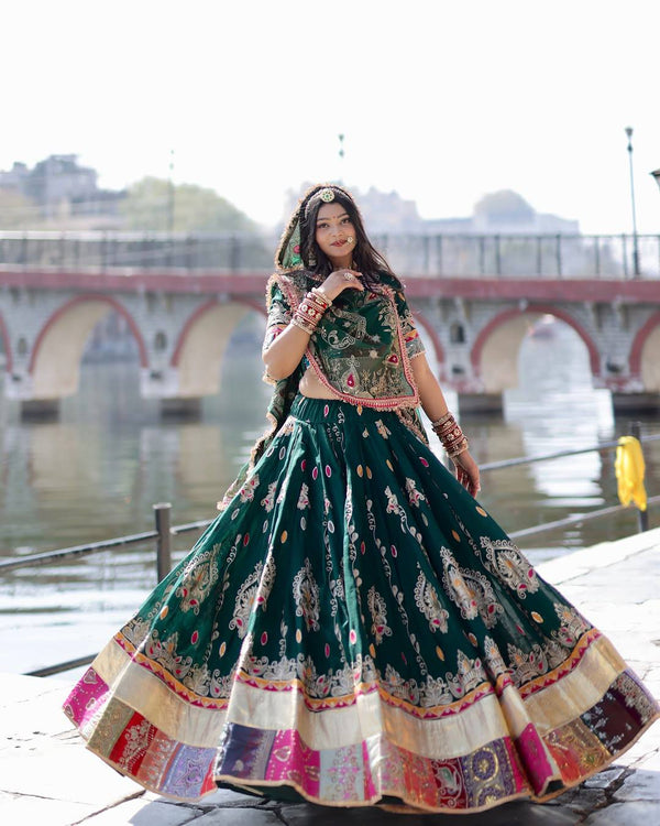Green Color Digital Printed Navratri Mirror Work Lehenga Choli