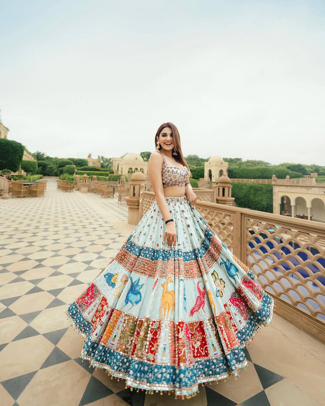 Sky-Blue Color Digital Printed Mirror Work Navratri Lehenga Choli