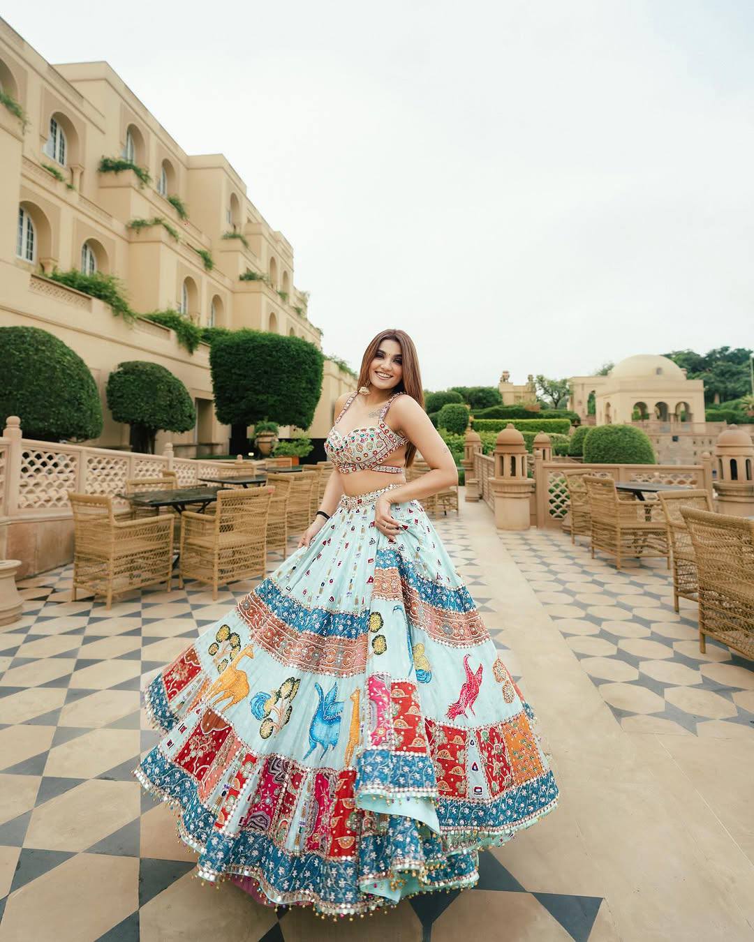 Sky-Blue Color Digital Printed Mirror Work Navratri Lehenga Choli