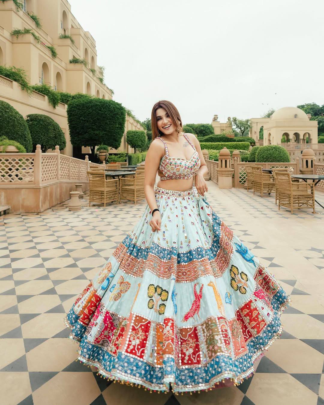 Sky-Blue Color Digital Printed Mirror Work Navratri Lehenga Choli