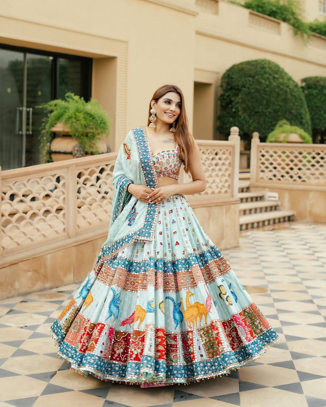 Sky-Blue Color Digital Printed Mirror Work Navratri Lehenga Choli