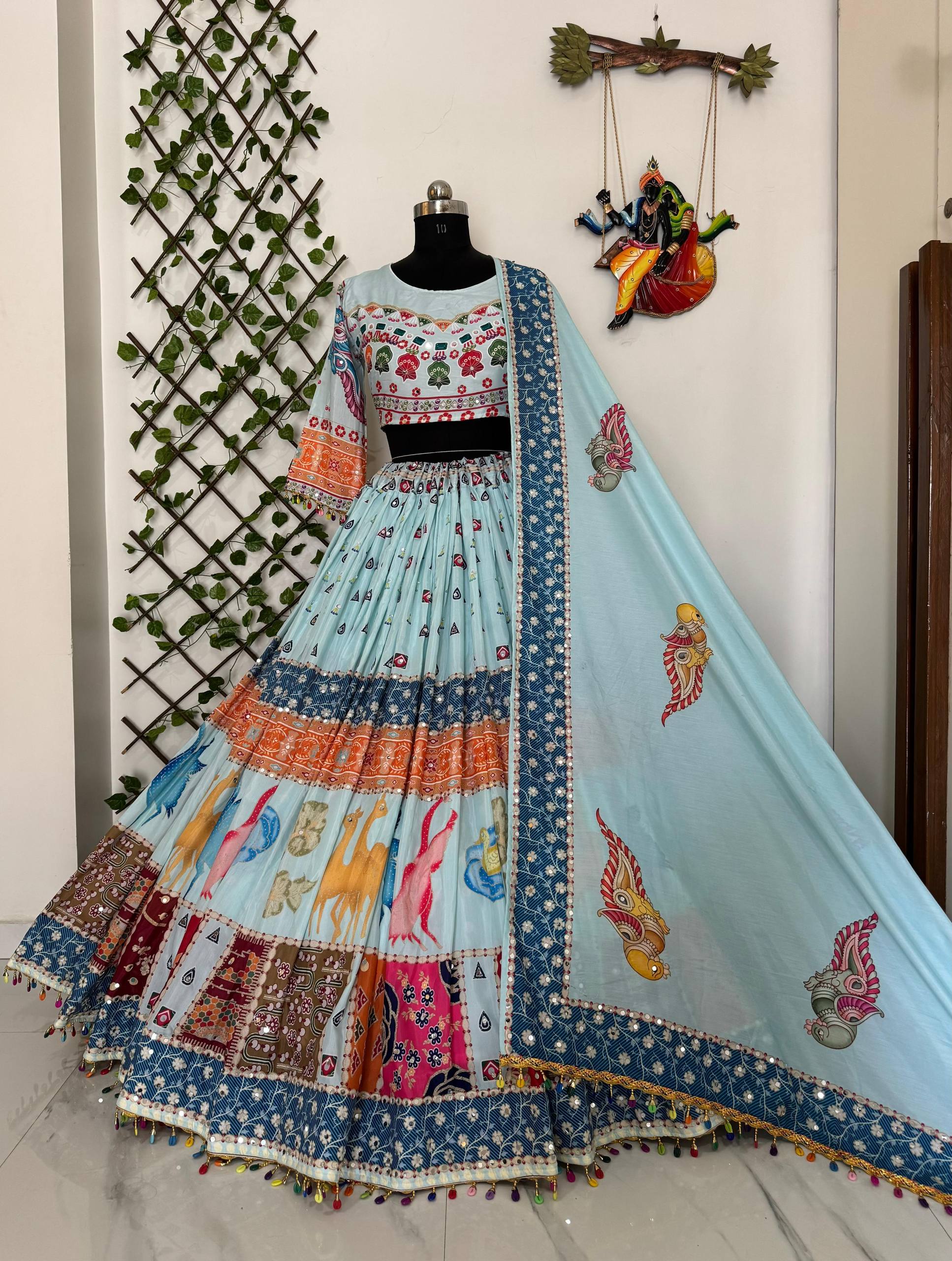 Sky-Blue Color Digital Printed Mirror Work Navratri Lehenga Choli