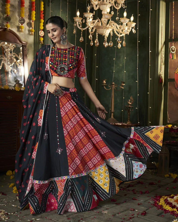 Black Color Digital Printed Mirror Work Navratri Lehenga Choli