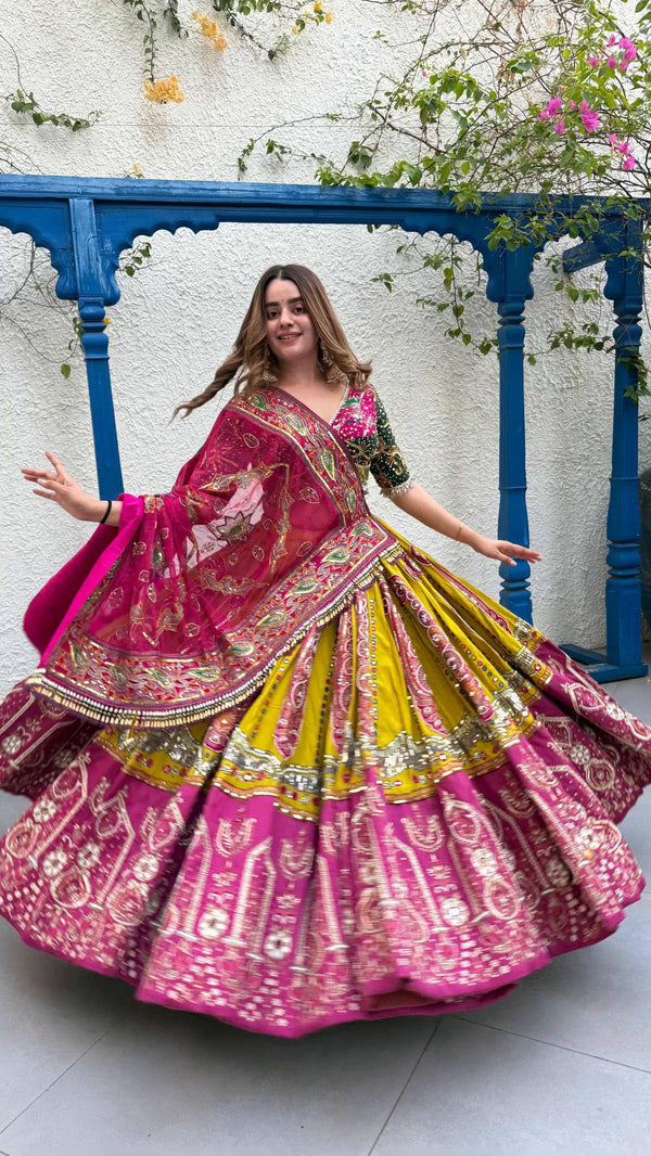 Yellow-Pink Color Digital Printed Mirror Work Navratri Lehenga Choli