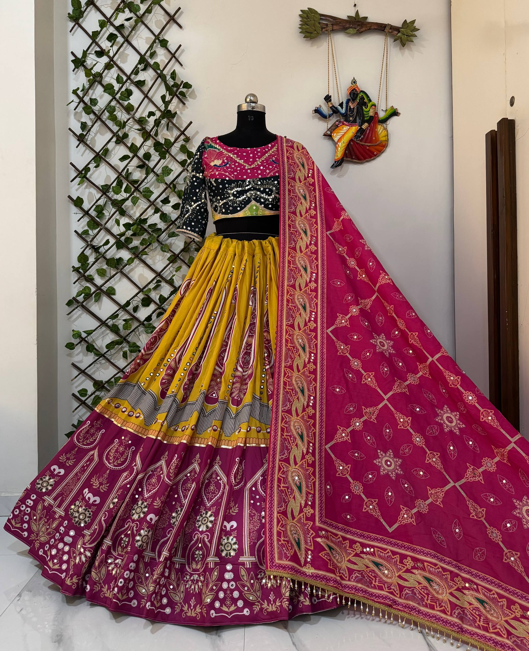 Yellow-Pink Color Digital Printed Mirror Work Navratri Lehenga Choli