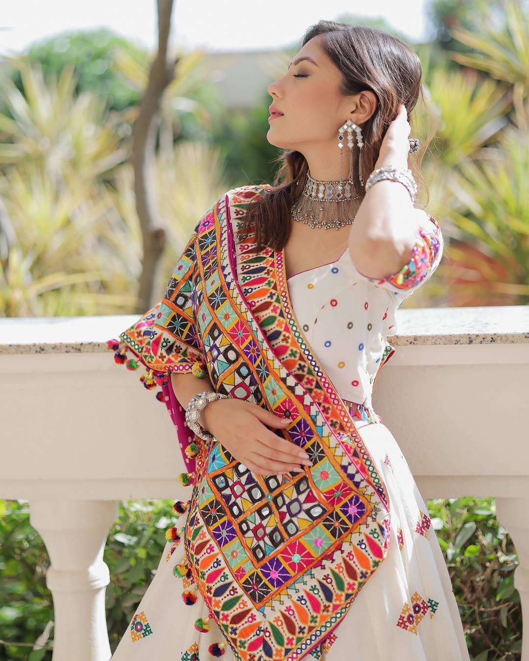 White Color Digital Printed Mirror Work Navratri Lehenga Choli