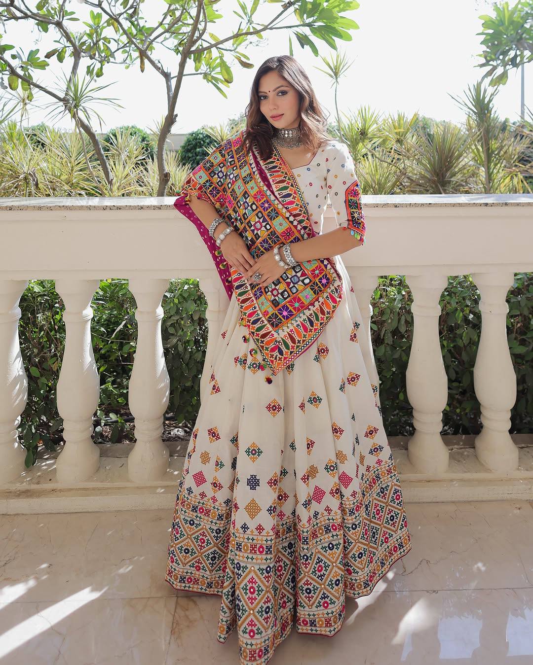 White Color Digital Printed Mirror Work Navratri Lehenga Choli