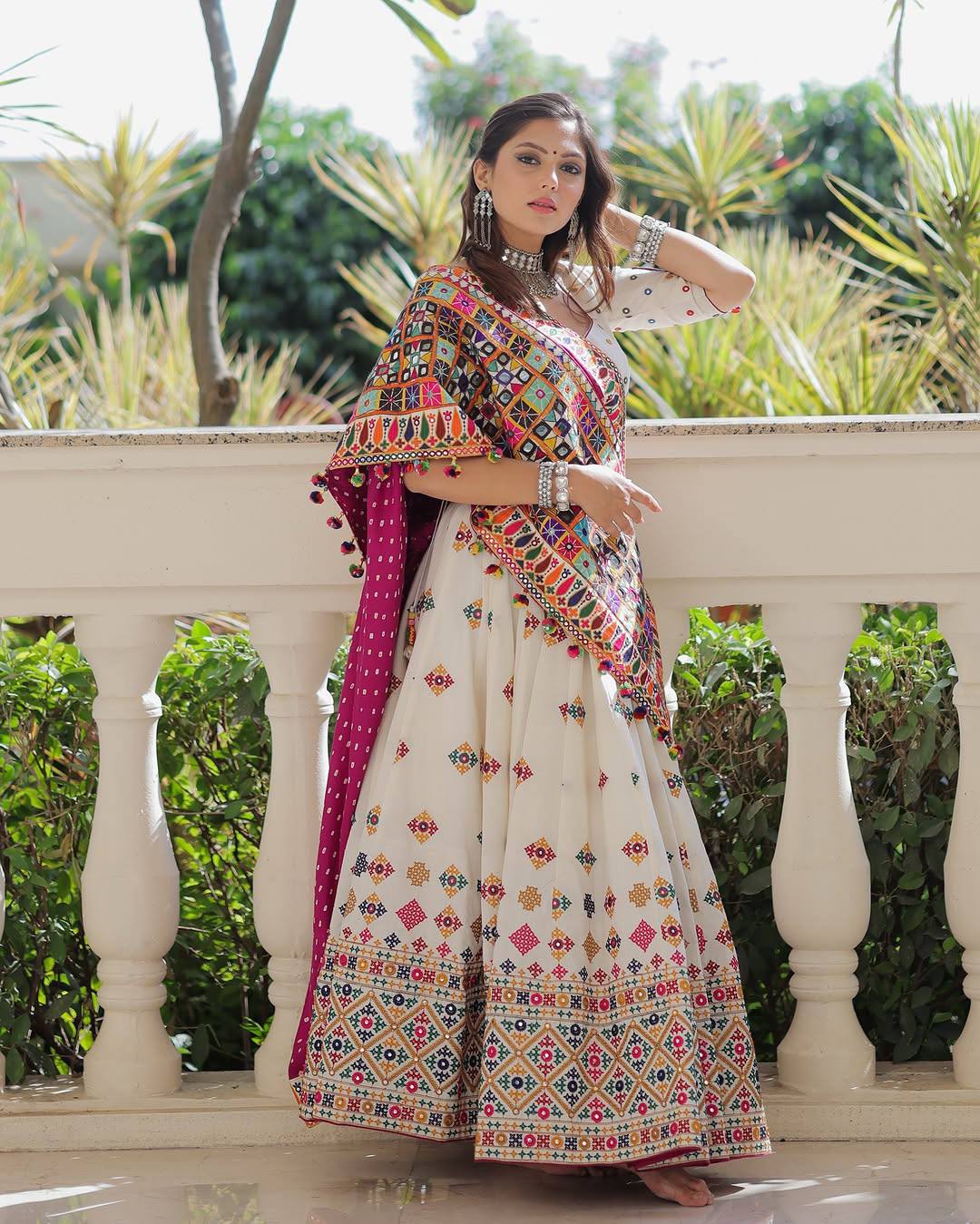 White Color Digital Printed Mirror Work Navratri Lehenga Choli