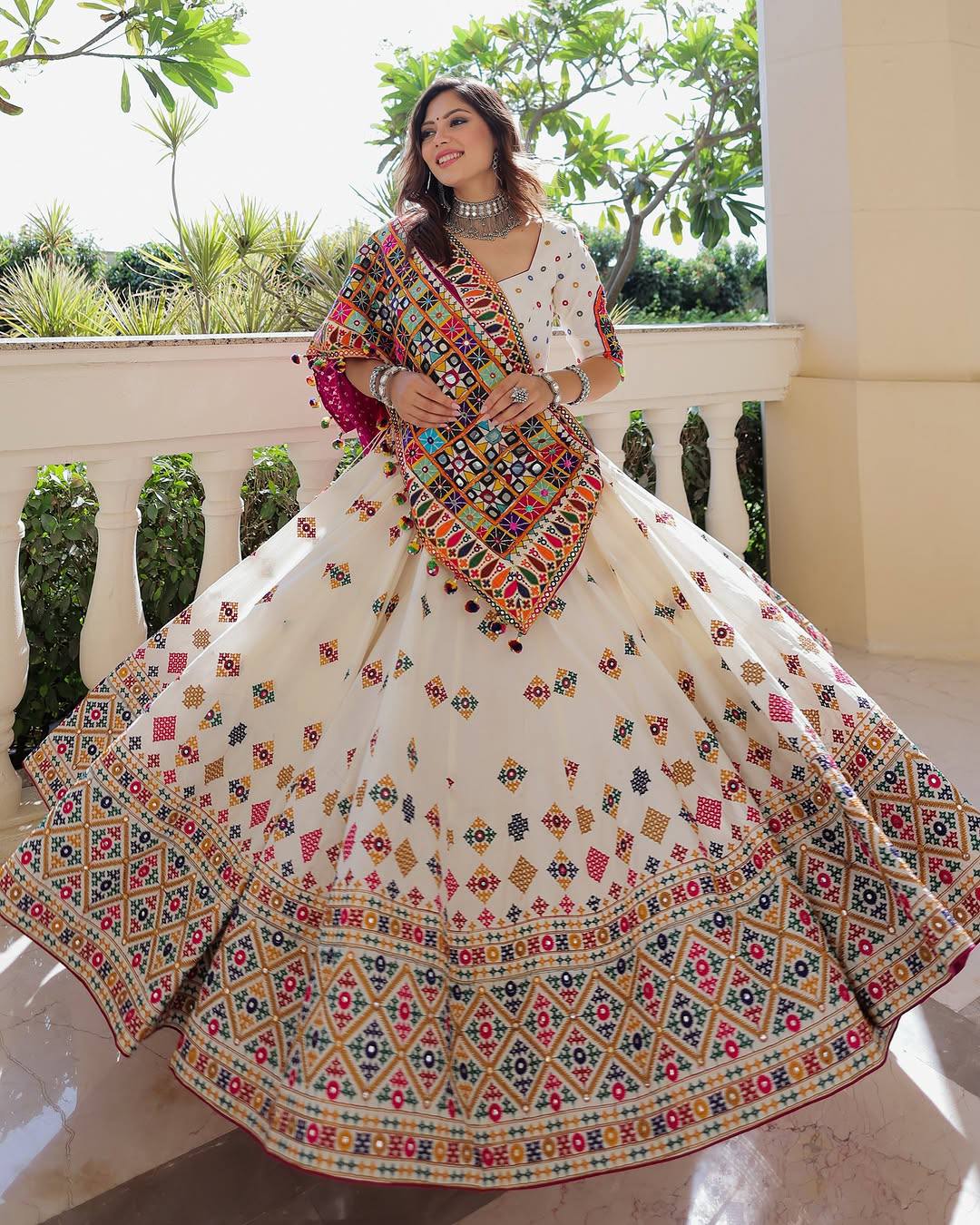 White Color Digital Printed Mirror Work Navratri Lehenga Choli