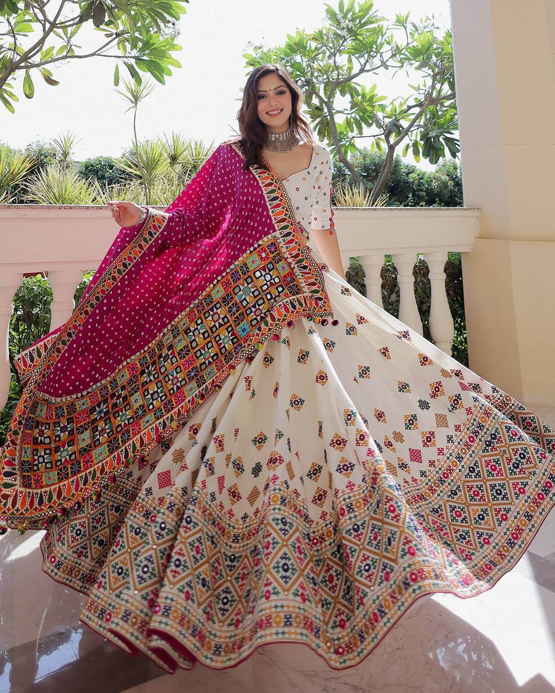 White Color Digital Printed Mirror Work Navratri Lehenga Choli