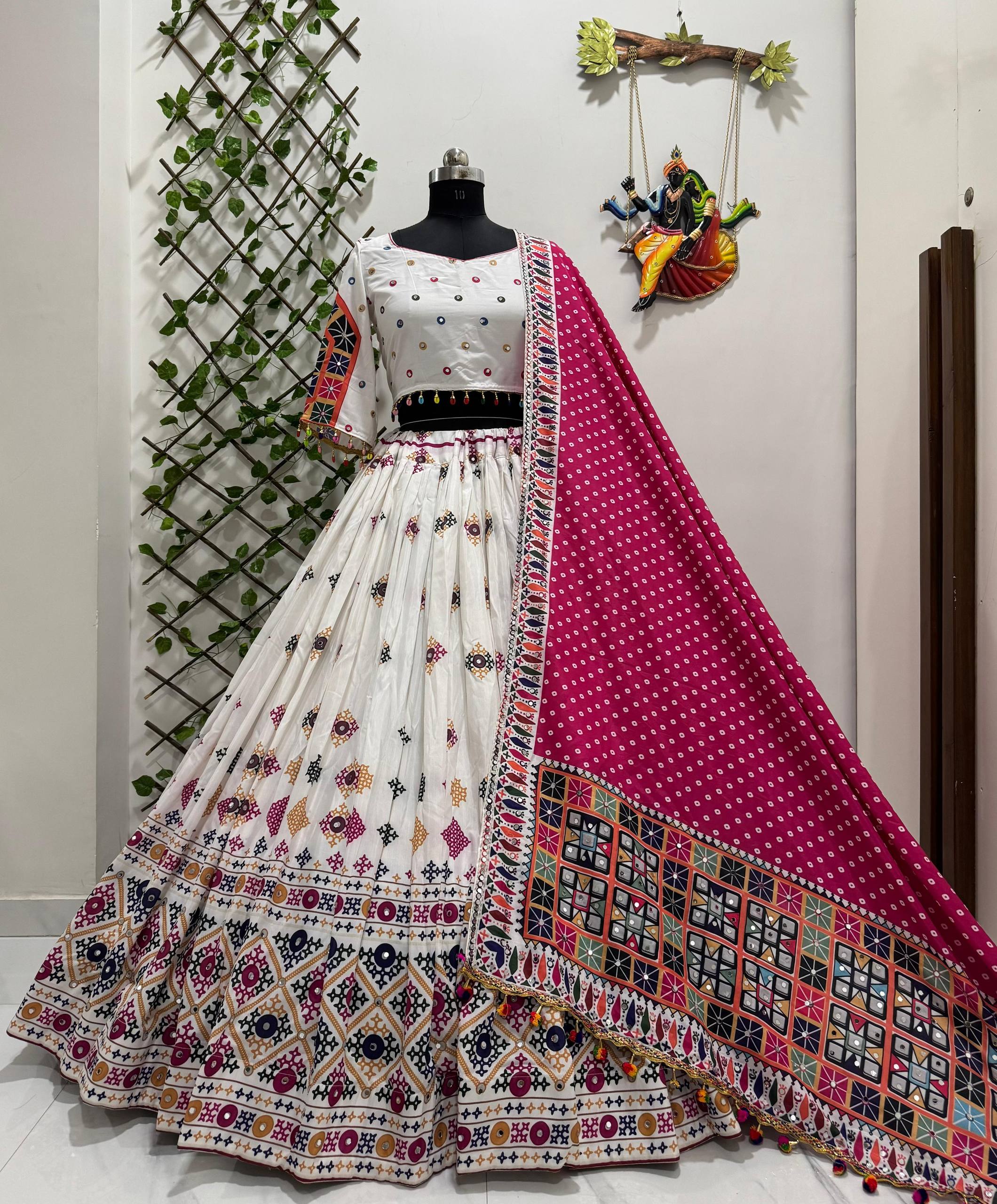 White Color Digital Printed Mirror Work Navratri Lehenga Choli