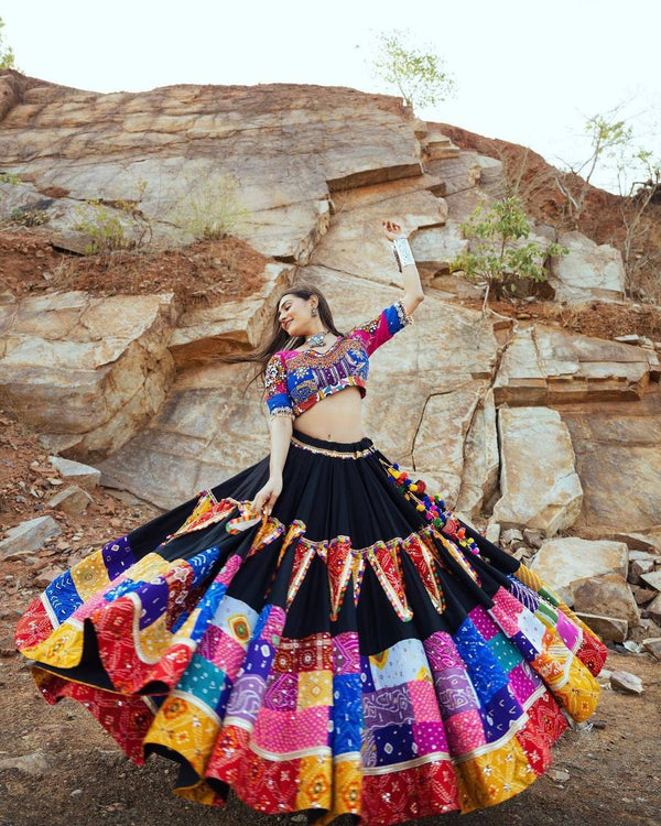 Black Color Digital Printed Mirror Work Navratri Lehenga Choli