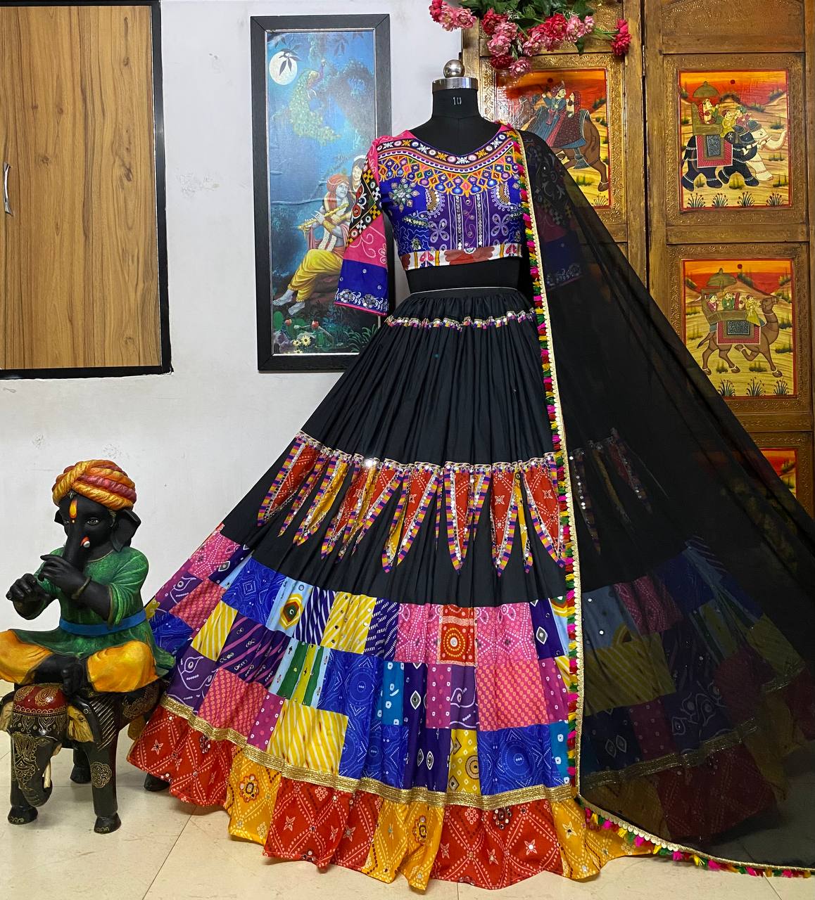 Black Color Digital Printed Mirror Work Navratri Lehenga Choli