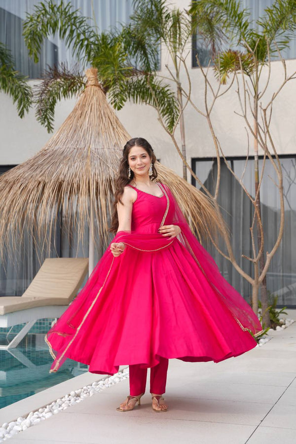 Pink Color Silk Chanderi Designer Anarkali Dress