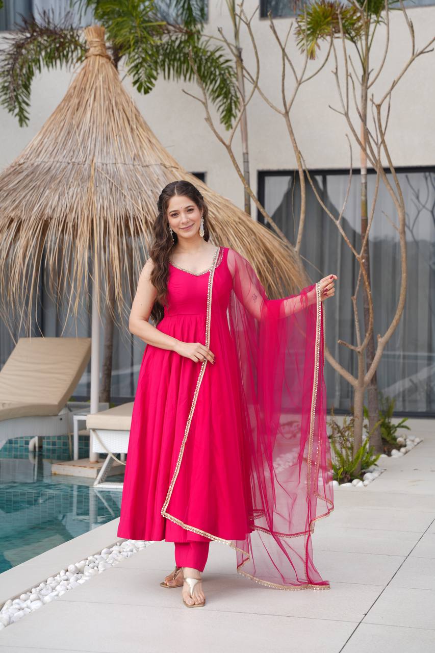 Pink Color Silk Chanderi Designer Anarkali Dress