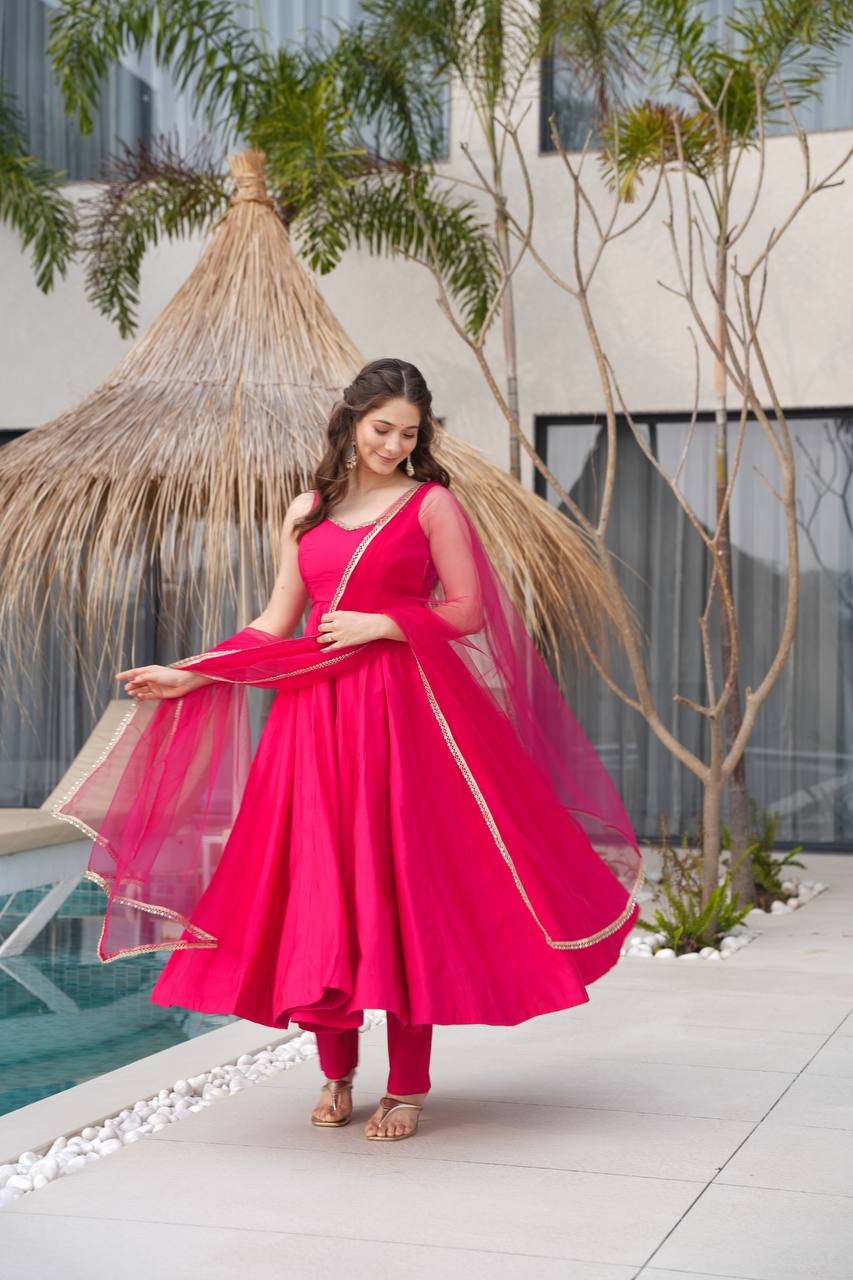 Pink Color Silk Chanderi Designer Anarkali Dress