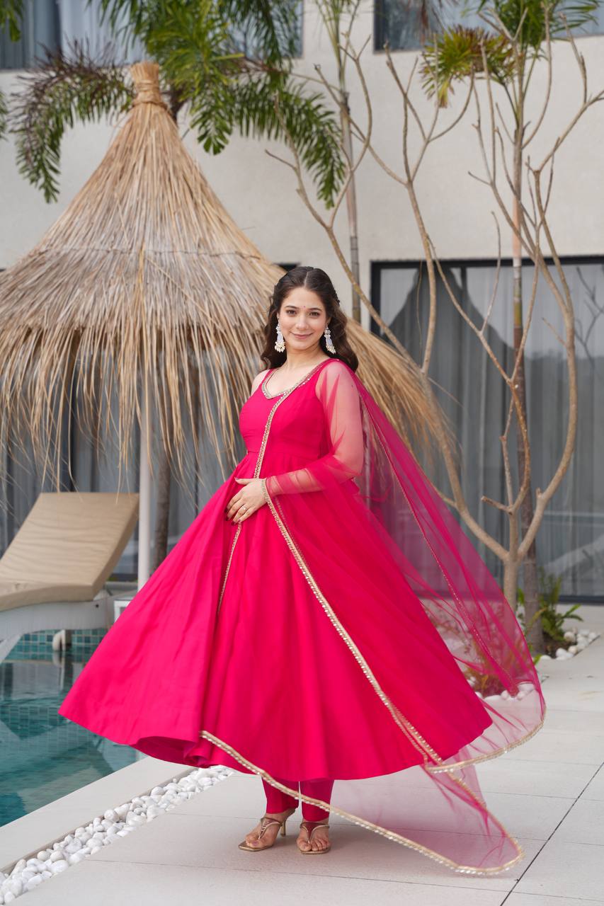 Pink Color Silk Chanderi Designer Anarkali Dress