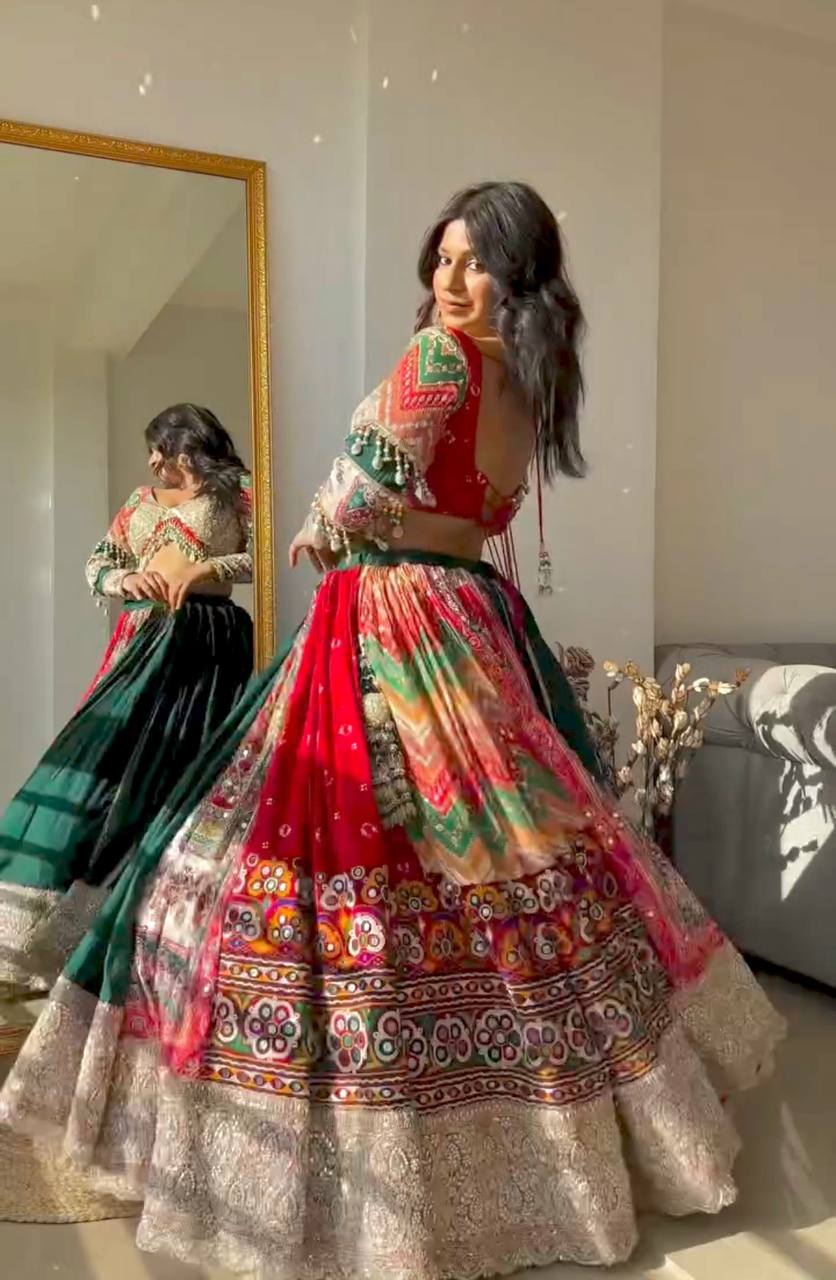 Multi Color Digital Printed Mirror Work Navratri Lehenga Choli
