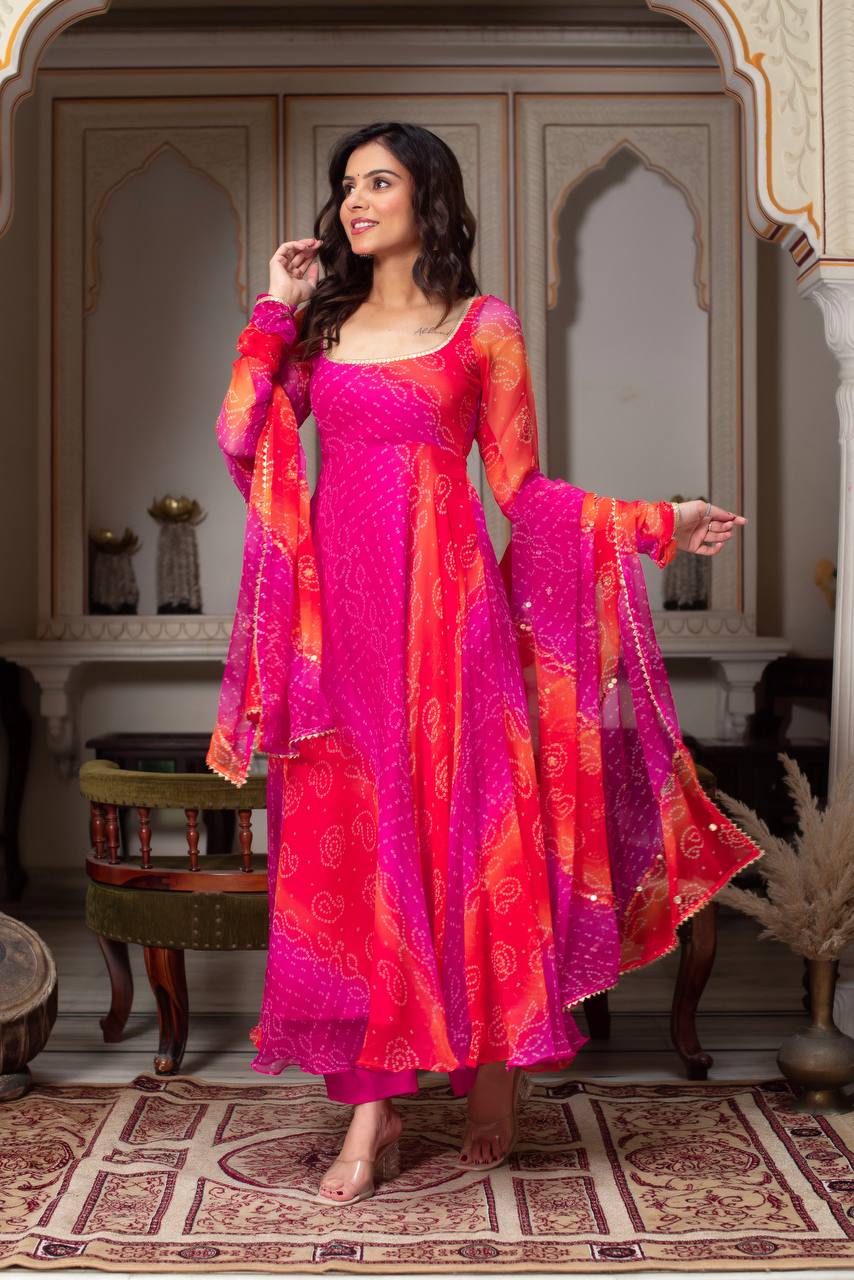 Pink-Red Color Printed Designer Georgette Gown