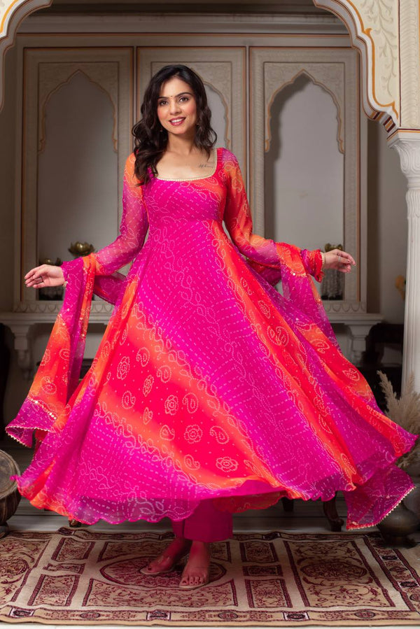 Pink-Red Color Printed Designer Georgette Gown