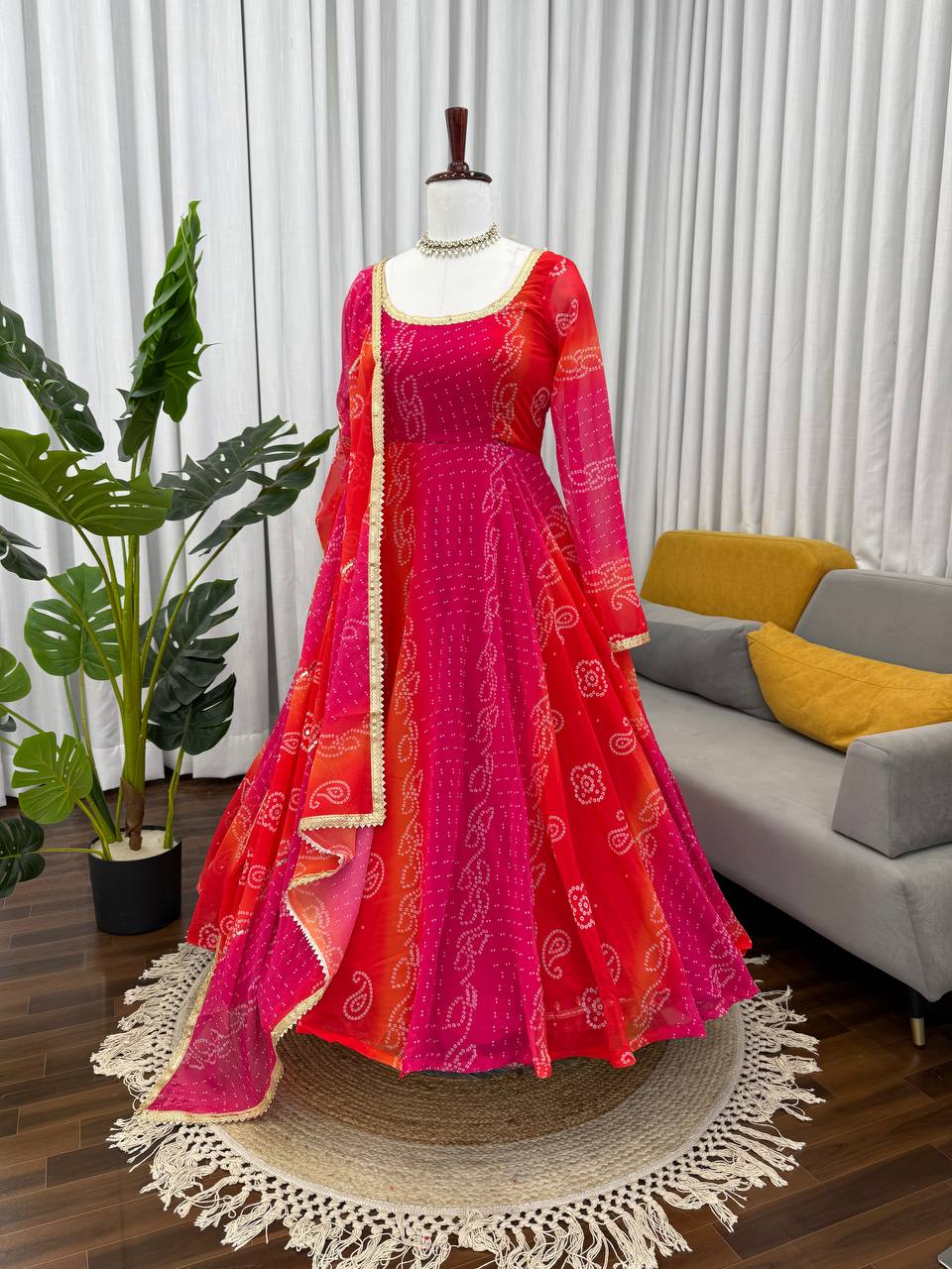 Pink-Red Color Printed Designer Georgette Gown