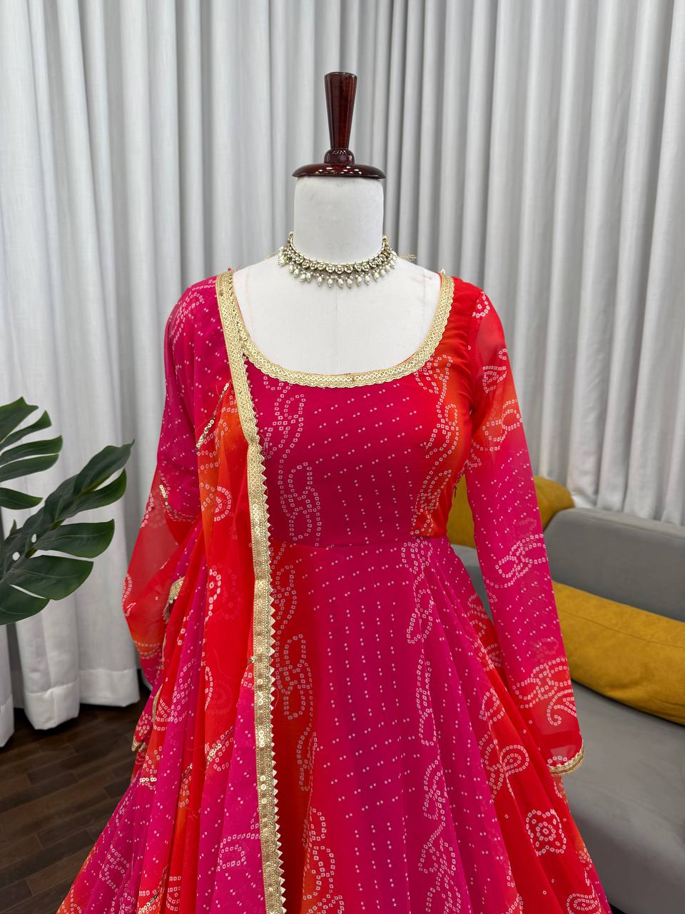 Pink-Red Color Printed Designer Georgette Gown