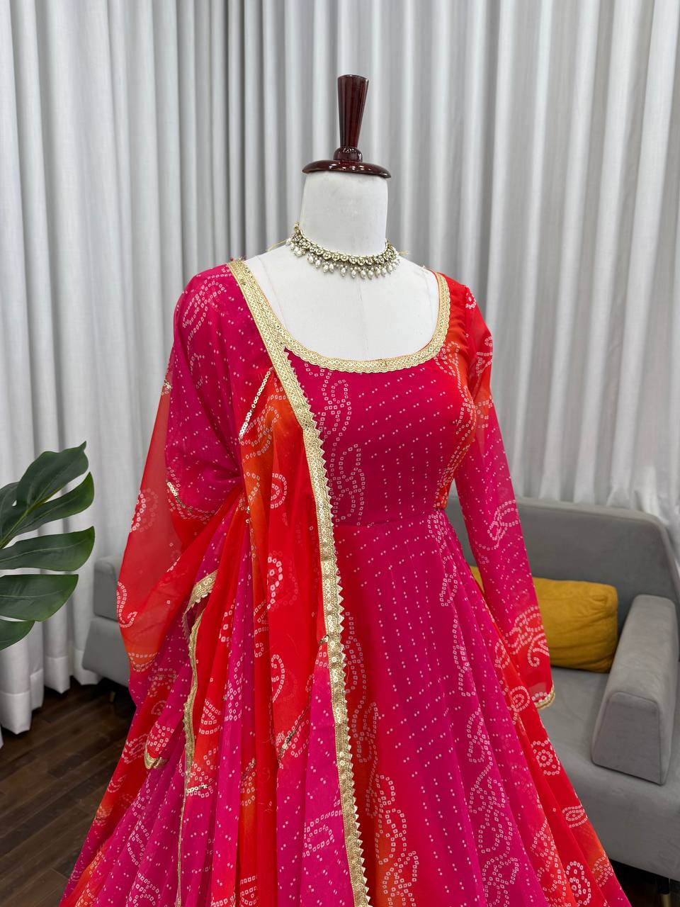 Pink-Red Color Printed Designer Georgette Gown