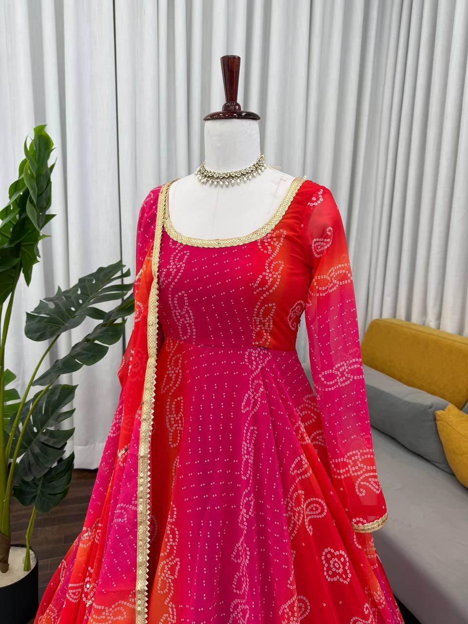 Pink-Red Color Printed Designer Georgette Gown