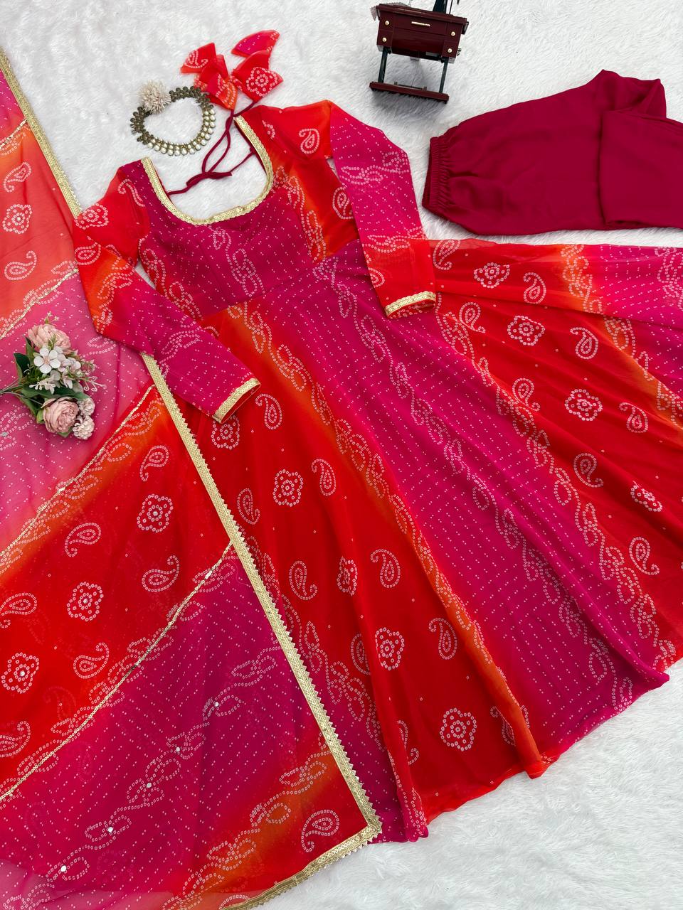 Pink-Red Color Printed Designer Georgette Gown