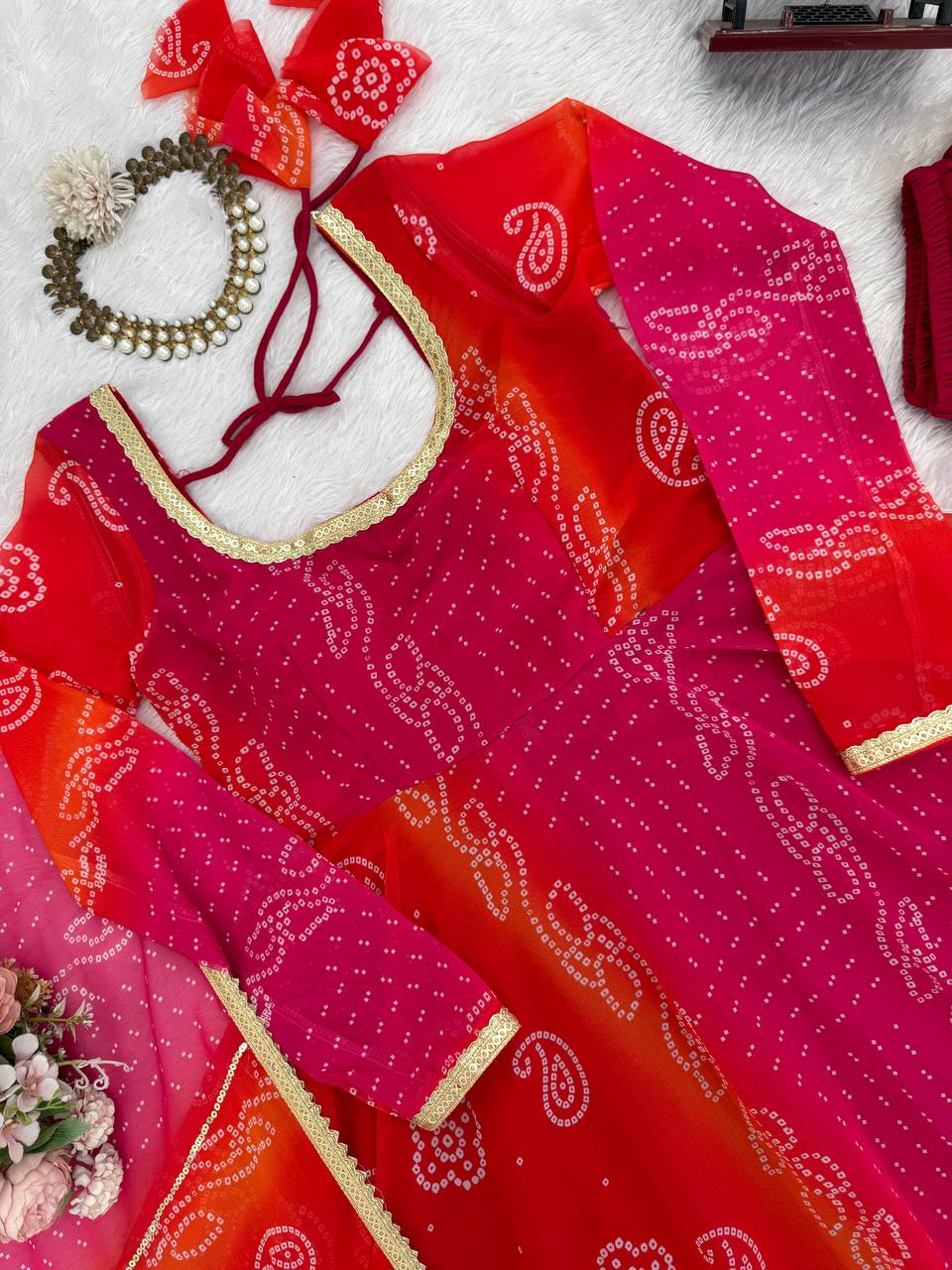 Pink-Red Color Printed Designer Georgette Gown