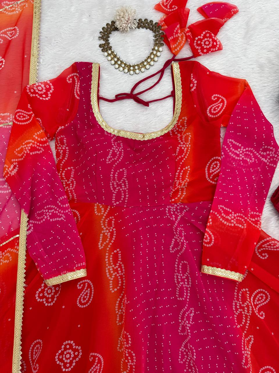 Pink-Red Color Printed Designer Georgette Gown