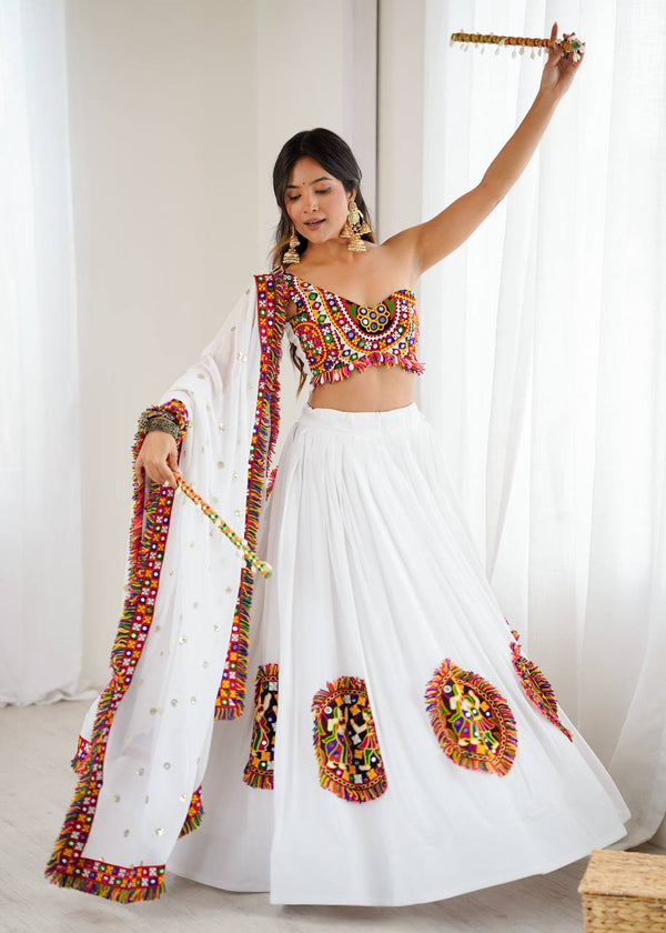 White Color Ready to Wear Navratri Katchi Patch Work Lehenga Choli