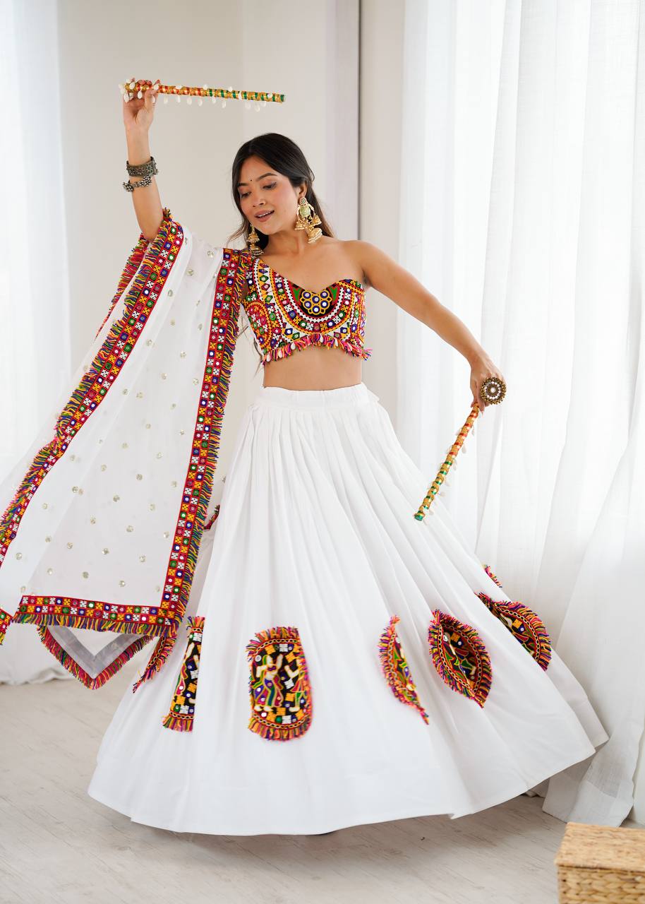 White Color Ready to Wear Navratri Katchi Patch Work Lehenga Choli