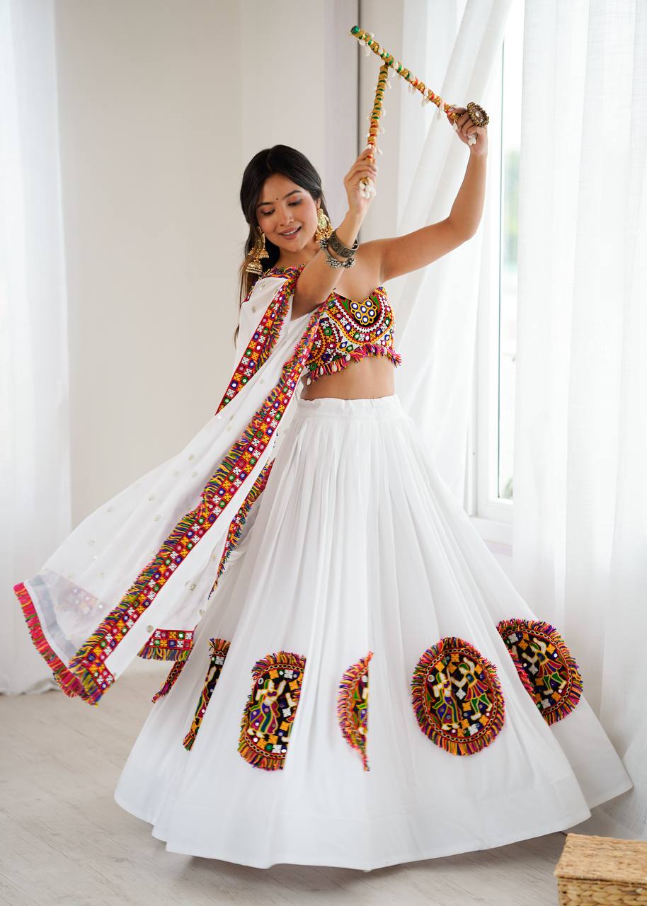 White Color Ready to Wear Navratri Katchi Patch Work Lehenga Choli