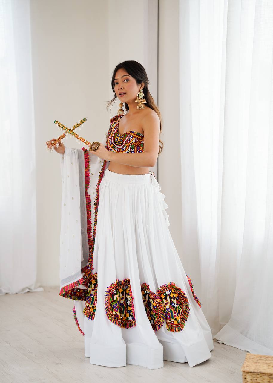 White Color Ready to Wear Navratri Katchi Patch Work Lehenga Choli